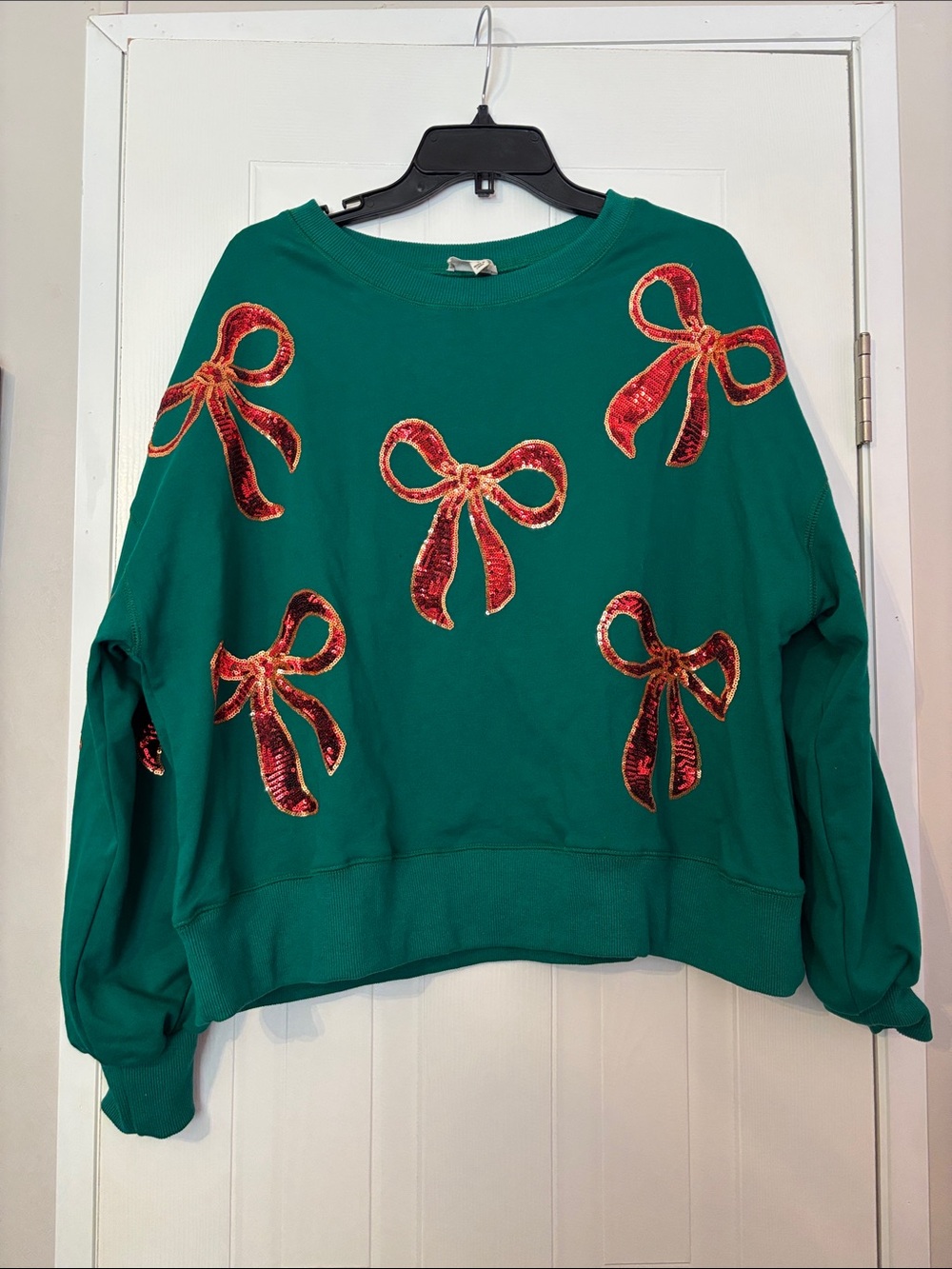 Peach Love California Green Sweatshirt with Red Sequin Bows